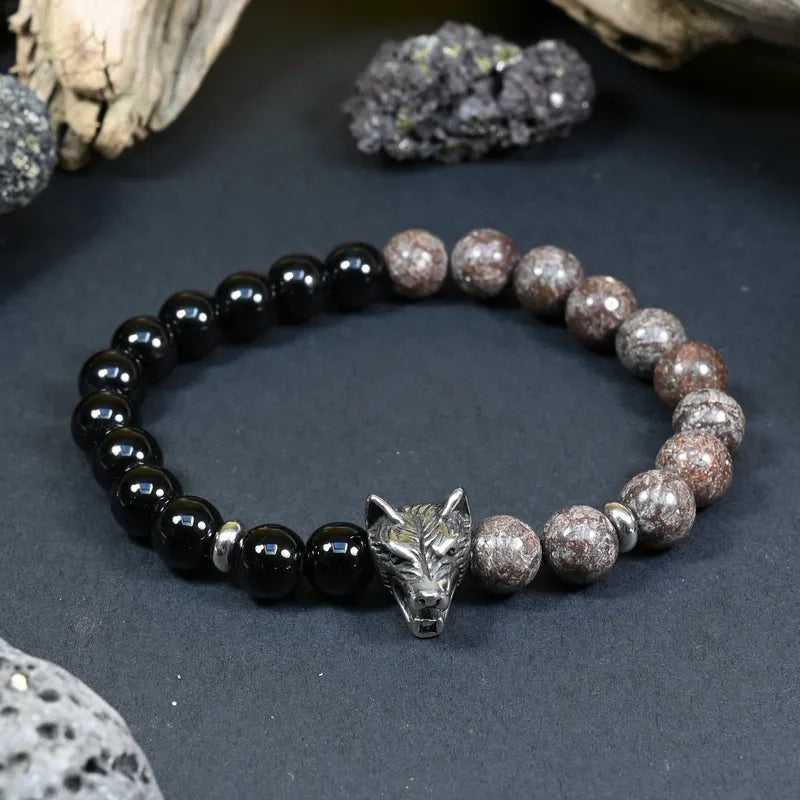 Bracelet Homme Jaspe Léopard et Onyx - Courage, Maîtrise & Instinct Intérieure Loup
