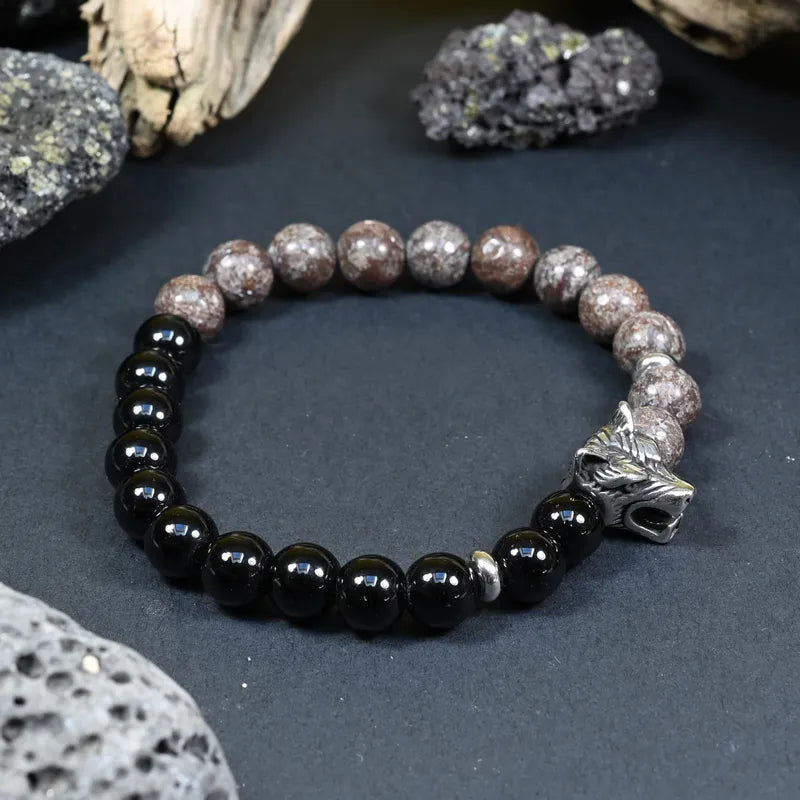 Bracelet Homme Jaspe Léopard et Onyx - Courage, Maîtrise & Instinct Intérieure Loup