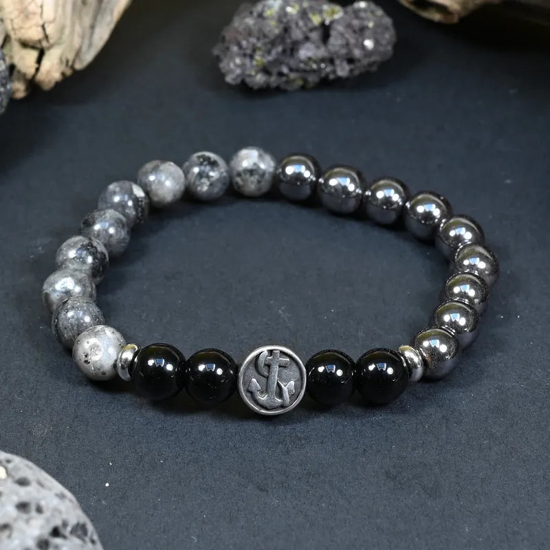 Bracelet Homme Larvikite, Hématite, Onyx - Maîtrise, Protection et Ancrage Marin