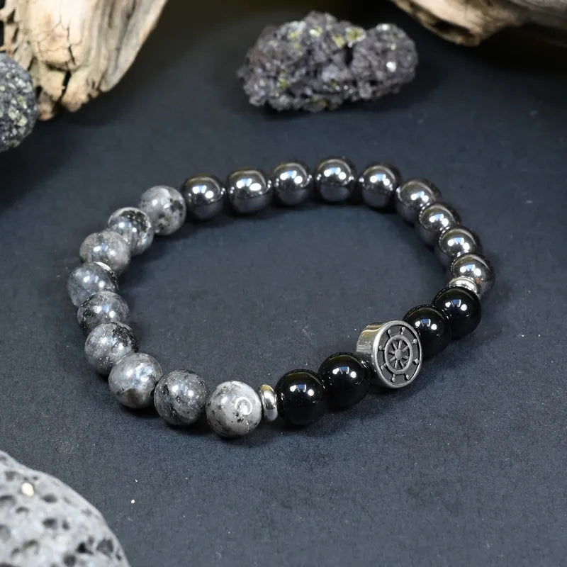 Bracelet Homme Larvikite, Hématite, Onyx - Maîtrise, Protection et Ancrage Marin