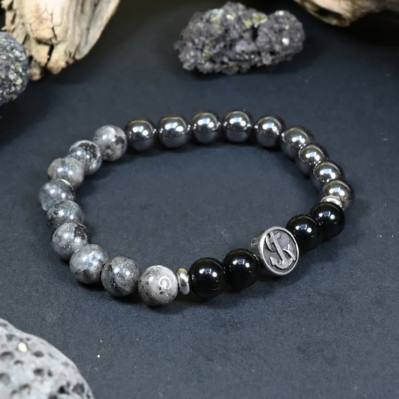 Bracelet Homme Larvikite, Hématite, Onyx - Maîtrise, Protection et Ancrage Marin