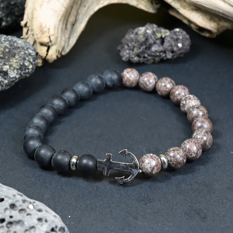 Bracelet Homme Jaspe Léopard & Onyx - Force, Stabilité & Confiance Ancre