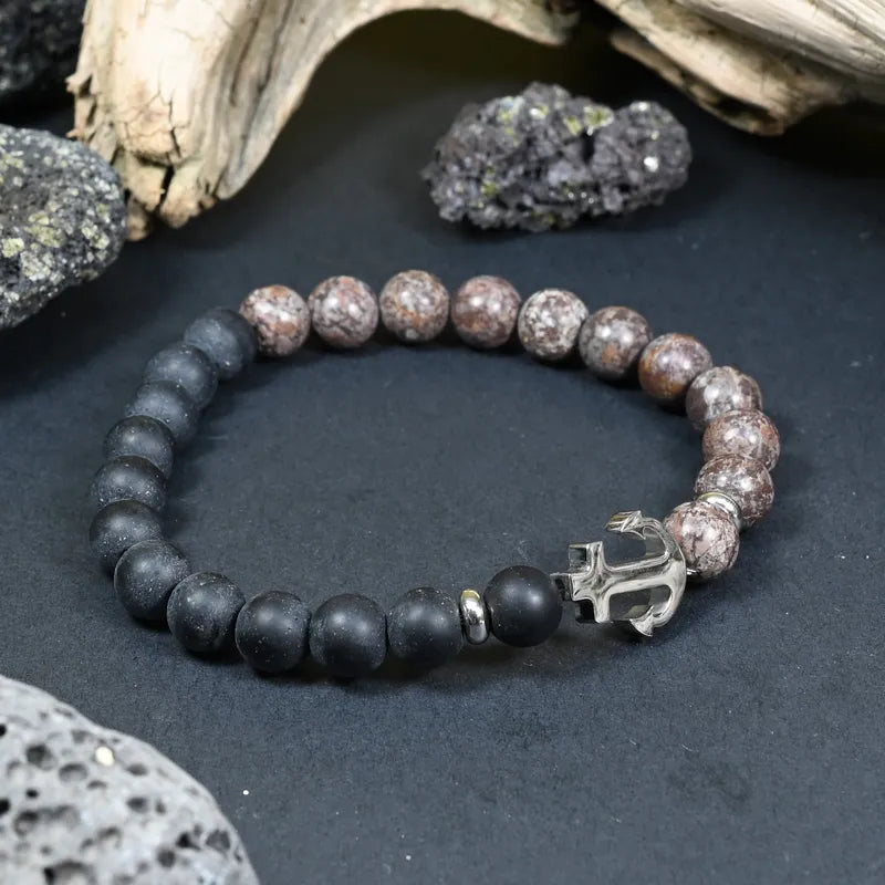 Bracelet Homme Jaspe Léopard & Onyx - Force, Stabilité & Confiance Ancre