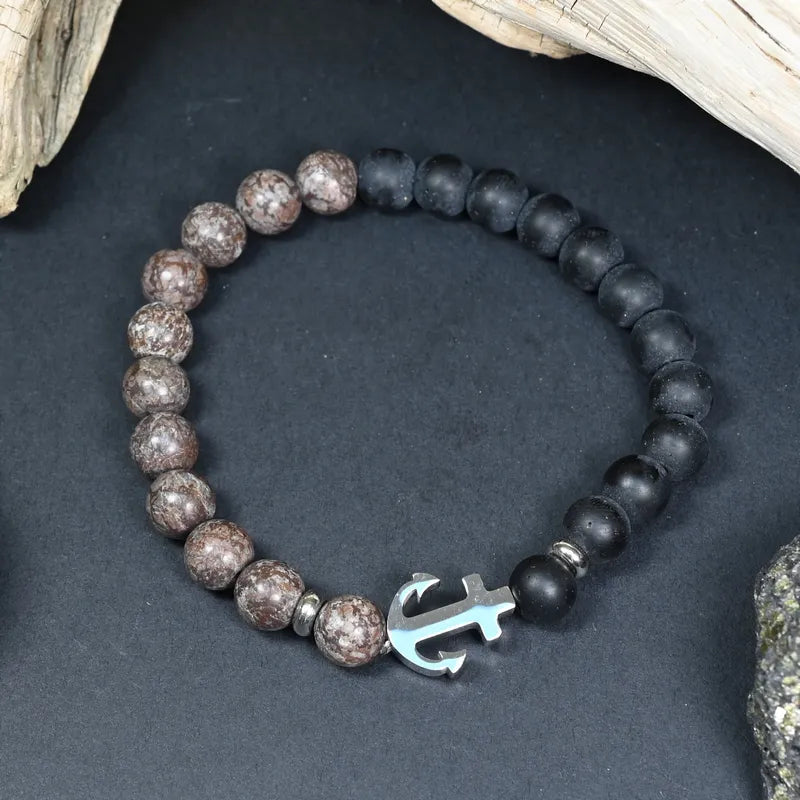 Bracelet Homme Jaspe Léopard & Onyx - Force, Stabilité & Confiance Ancre
