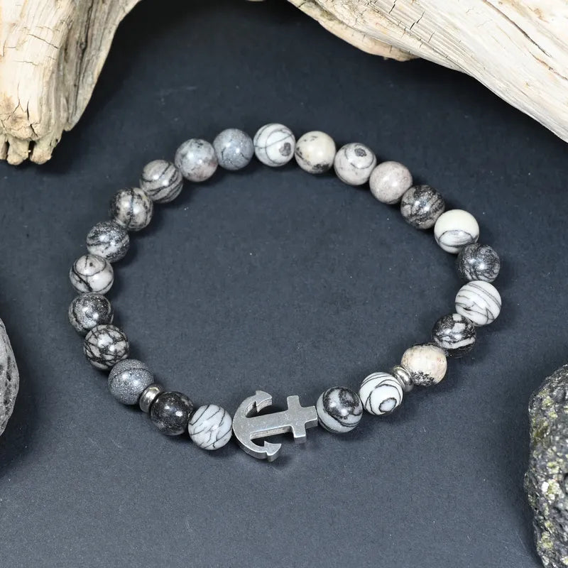 Bracelet Homme Jaspe Gris - Stabilité & Confiance Ancre