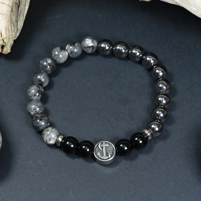 Bracelet Homme Larvikite, Hématite, Onyx - Maîtrise, Protection et Ancrage Marin