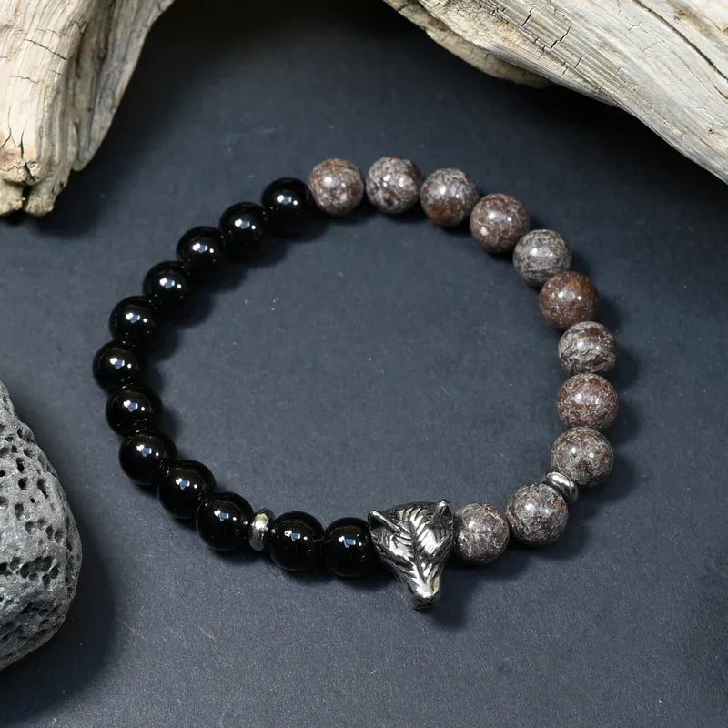 Bracelet Homme Jaspe Léopard et Onyx - Courage, Maîtrise & Instinct Intérieure Loup