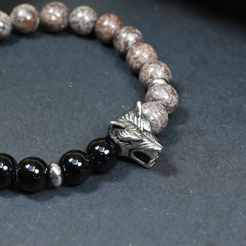 Bracelet Homme Jaspe Léopard et Onyx - Courage, Maîtrise & Instinct Intérieure Loup