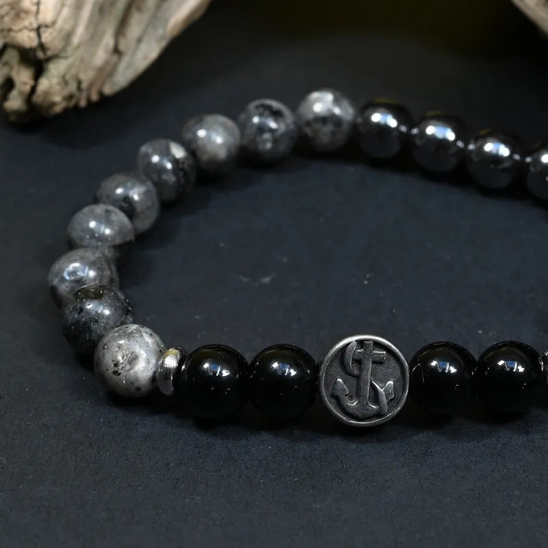 Bracelet Homme Larvikite, Hématite, Onyx - Maîtrise, Protection et Ancrage Marin