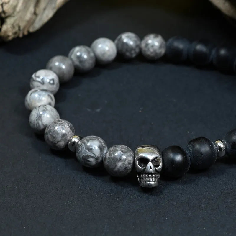 Bracelet Homme Onyx & Jaspe Gris - Force, Résilience & Transformation Tête de Mort