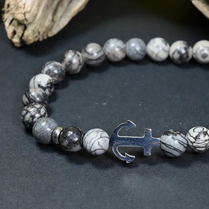 Bracelet Homme Jaspe Gris - Stabilité & Confiance Ancre