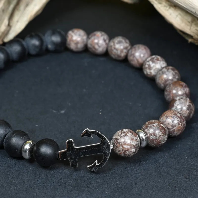 Bracelet Homme Jaspe Léopard & Onyx - Force, Stabilité & Confiance Ancre
