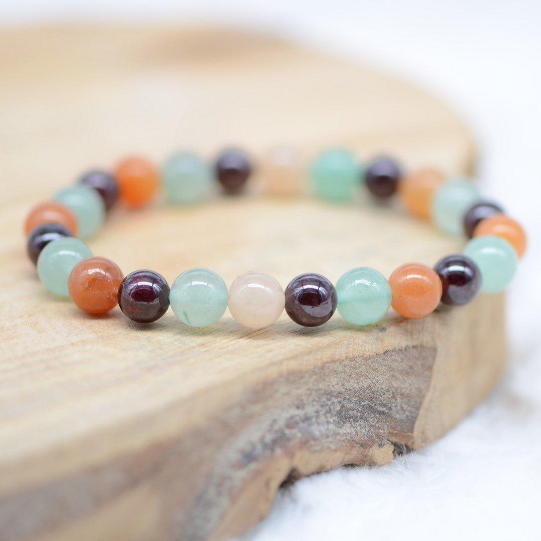 Bracelet "Assurance, Ancrage et Tranquillité" en Grenat, Cornaline et Aventurine Verte - lespierresdubienetre