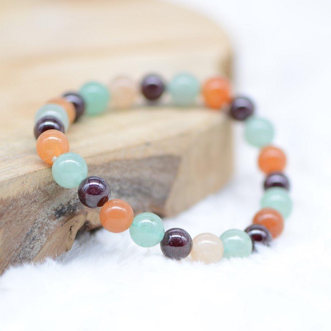 Bracelet "Assurance, Ancrage et Tranquillité" en Grenat, Cornaline et Aventurine Verte - lespierresdubienetre