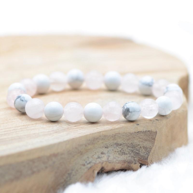 Bracelet pierres naturelles, Quartz rose, howlite, Cristal de roche, bijoux lithothérapie, cœur rose, bijoux extensible, or rosé, perle 8mm - France Bracelet pierres naturelles, Quartz rose, howlite, Cristal de roche, bijoux lithothérapie, cœur rose, bijoux extensible, or rosé, perle 8mm - France