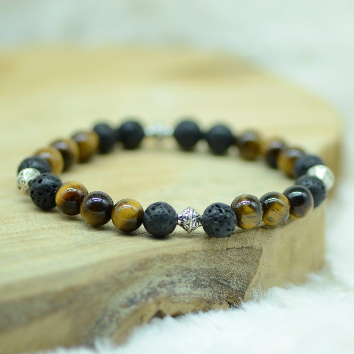 Bracelet Double Homme/femme – Pierre De Lave Et œil Du Tigre, Taille Au Choix