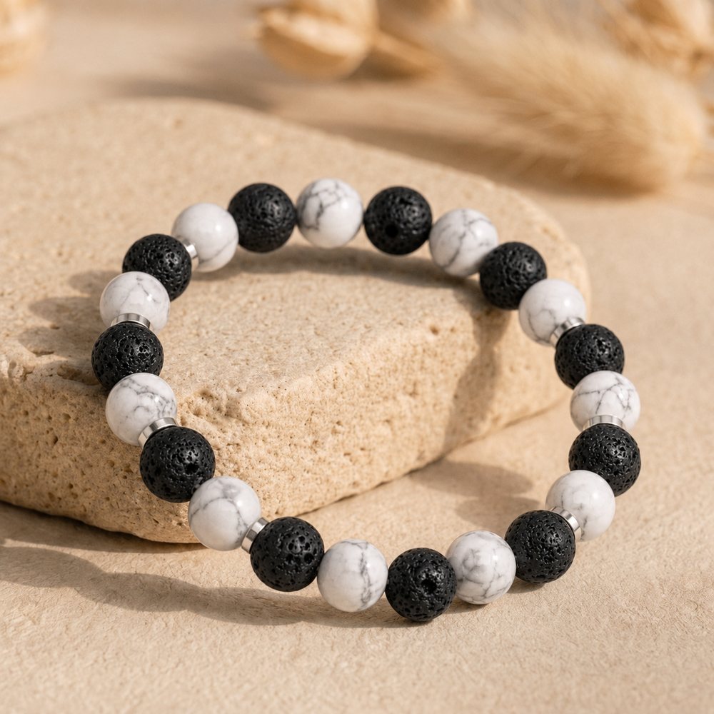 Bracelet "Anti-stress et force" en Howlite & Pierre de Lave