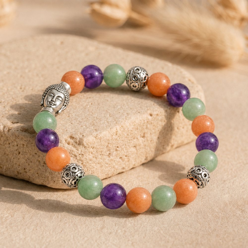 Bracelet "Sagesse, Anti-stress et Tranquillité" en Améthyste, Jade et Aventurine Orange
