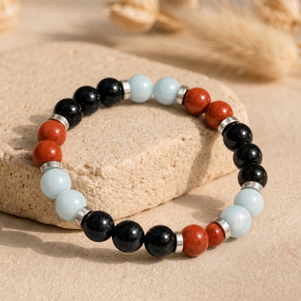 Bracelet "Protecteur, Énergie et Équilibre" en Jaspe Rouge, Amazonite & Tourmaline Noire