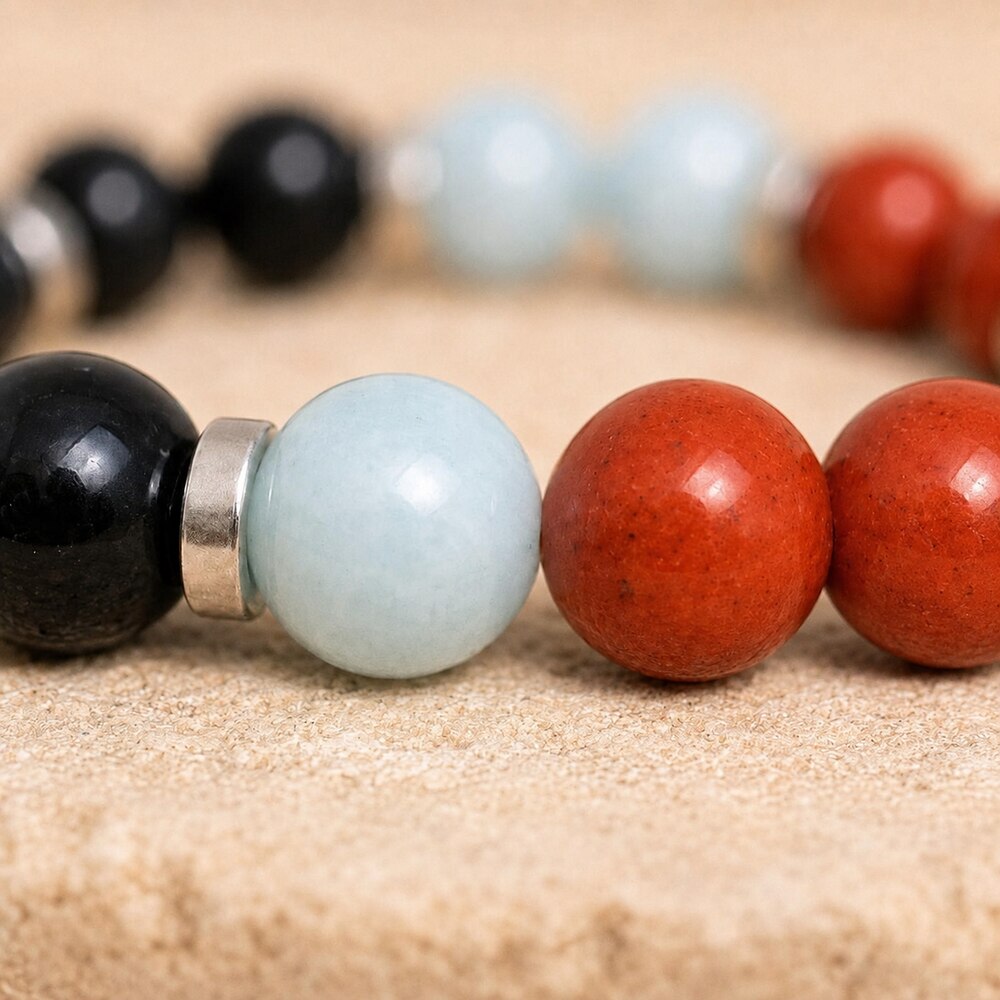 Bracelet "Protecteur, Énergie et Équilibre" en Jaspe Rouge, Amazonite & Tourmaline Noire