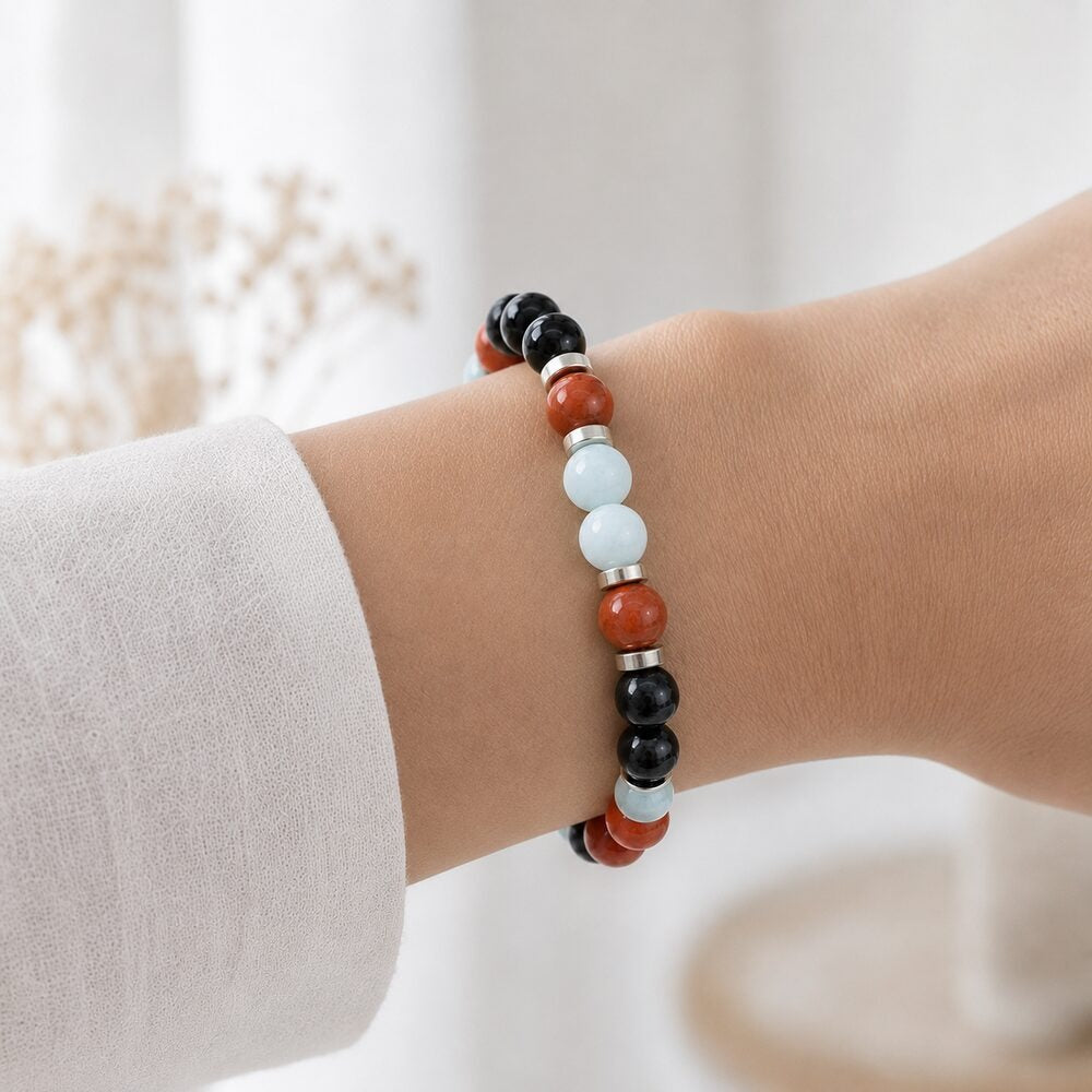 Bracelet "Protecteur, Énergie et Équilibre" en Jaspe Rouge, Amazonite & Tourmaline Noire
