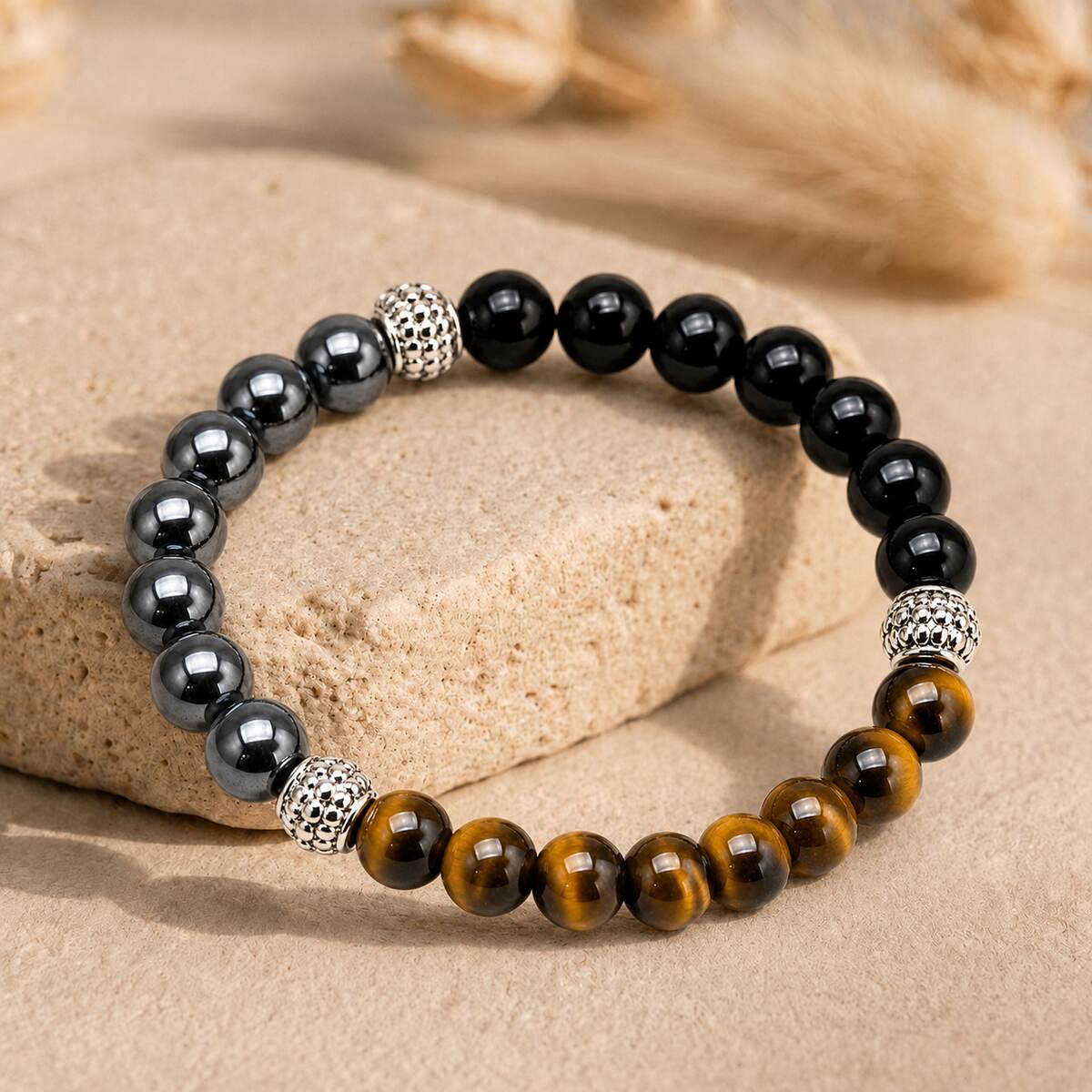 Bracelet "Triple" en Hematite, Oeil-de-Tigre et Obsidienne