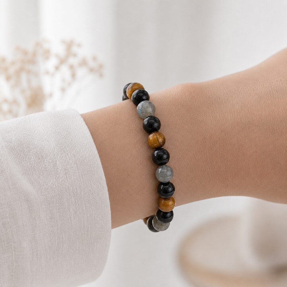 Bracelet "Confiance et Protection" Mix en Labradorite, Œil de Tigre & Tourmaline Noire