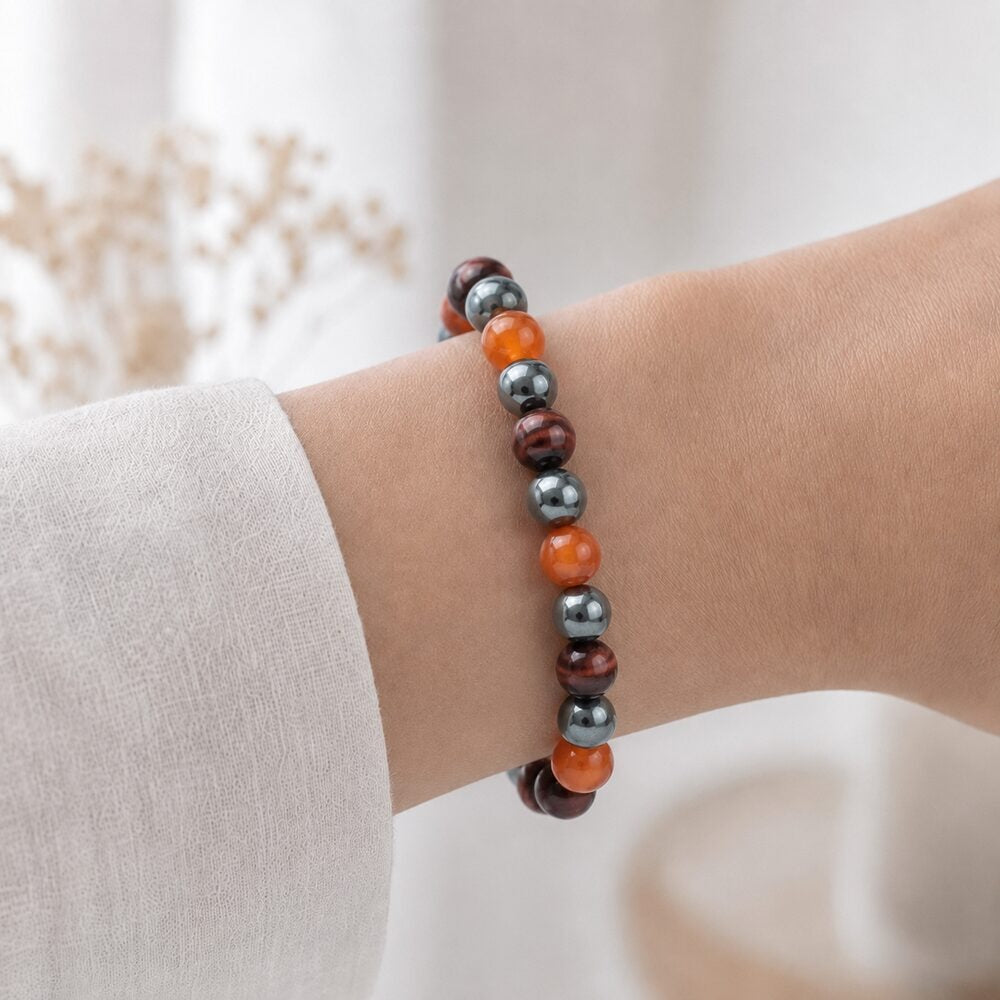 Bracelet "Confiance en soi" Mix en Hématite, Oeil de Taureau & Cornaline