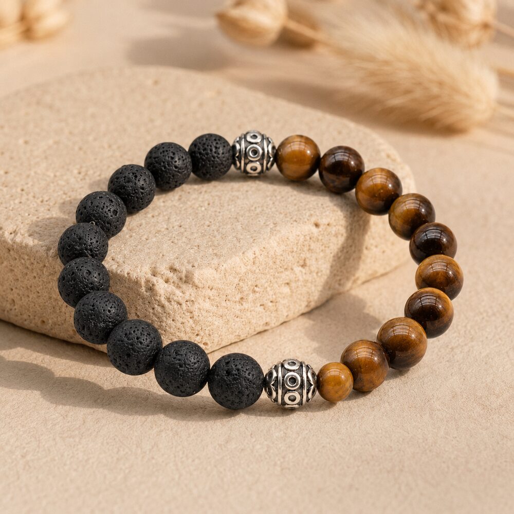 Bracelet "Confiance en soi" Wing Chun en Oeil-de-Tigre & Pierre de Lave