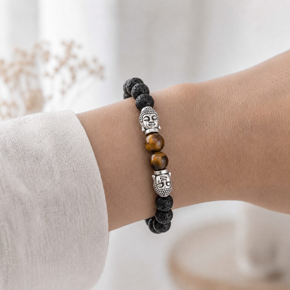 Bracelet "Chance et Protection" Bouddha en Pierre de Lave & Oeil-de-Tigre