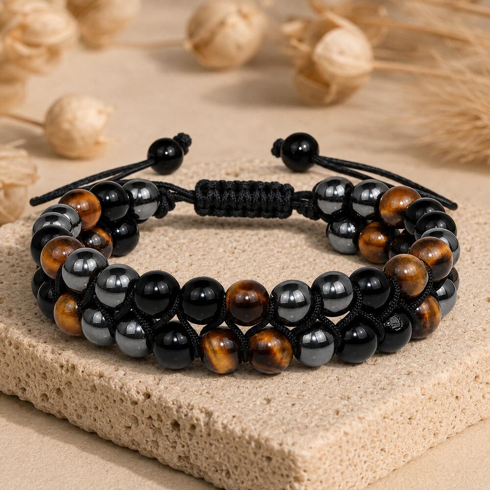 Bracelet "Protection Triple" en Hematite, Oeil-de-Tigre et Obsidienne - Homme