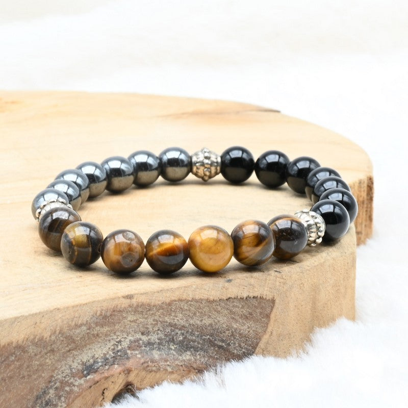 Bracelet "Triple" en Hematite, Oeil-de-Tigre et Obsidienne