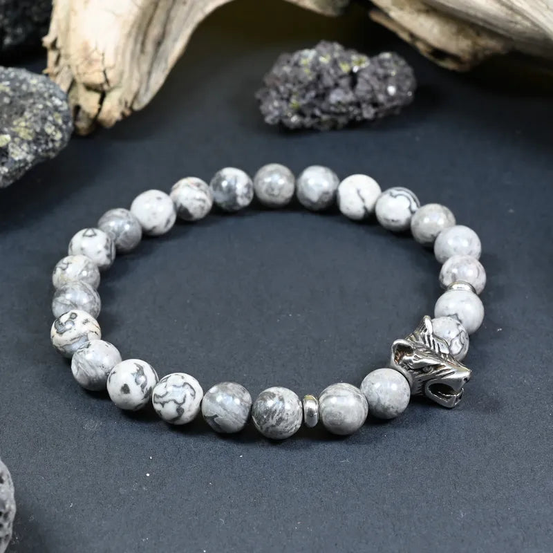 Bracelet Homme Jaspe Gris - Stabilité, Loyauté & Force Intérieure Loup