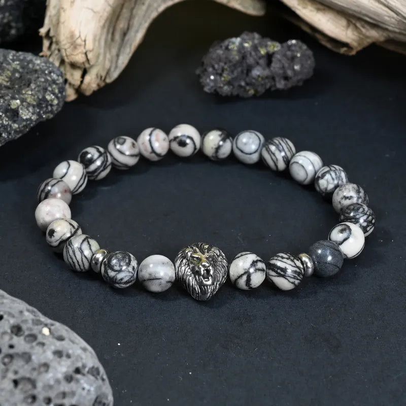 Bracelet Homme Jaspe Gris - Calme, Force et Leadership Lion