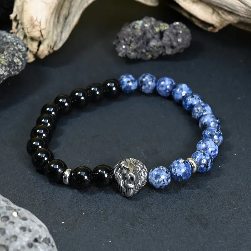 Bracelet Homme Onyx & Lapis Lazuli - Maîtrise, Sagesse & Charisme Lion