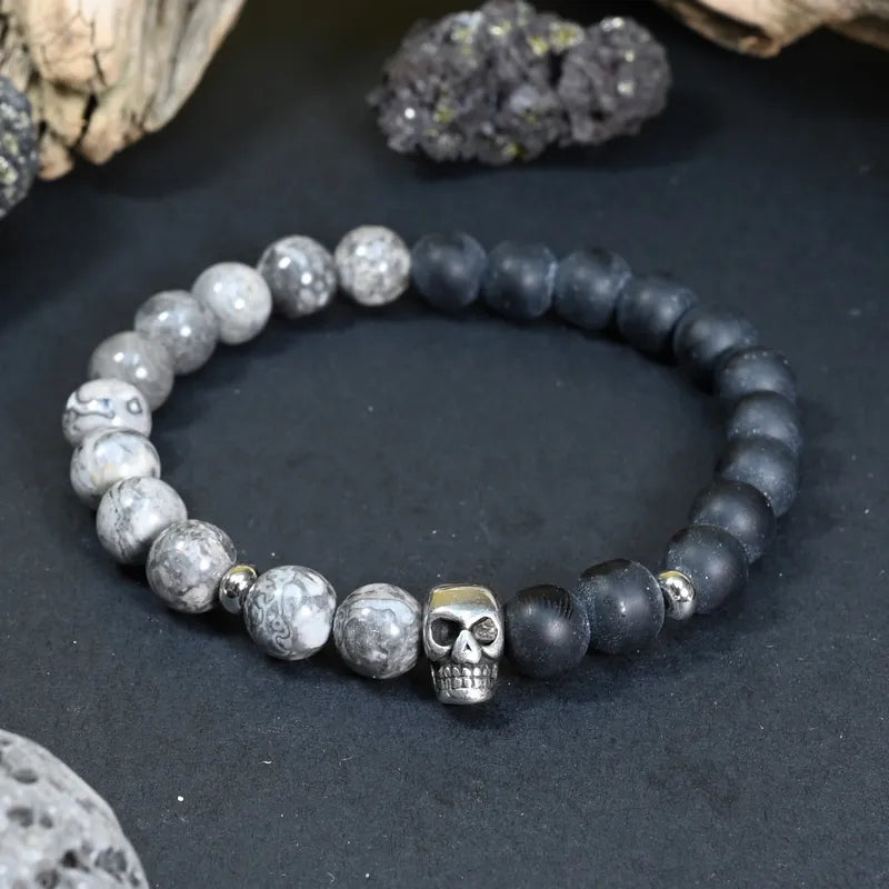 Bracelet Homme Onyx & Jaspe Gris - Force, Résilience & Transformation Tête de Mort