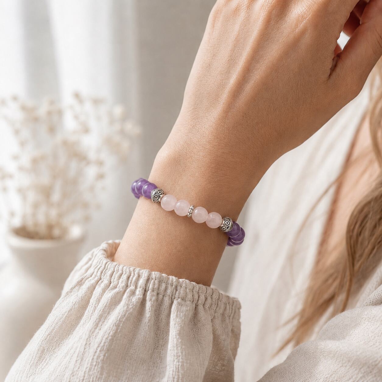 Bracelet "Amour & Harmonie" en Améthyste & Quartz Rose