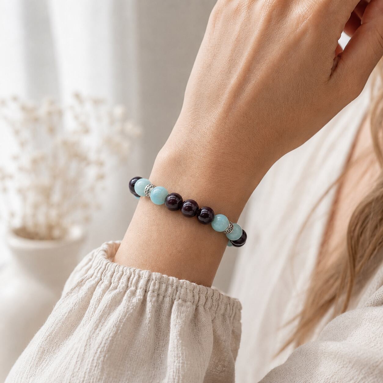 Bracelet "Anti-Fatigue" en Grenat & Amazonite