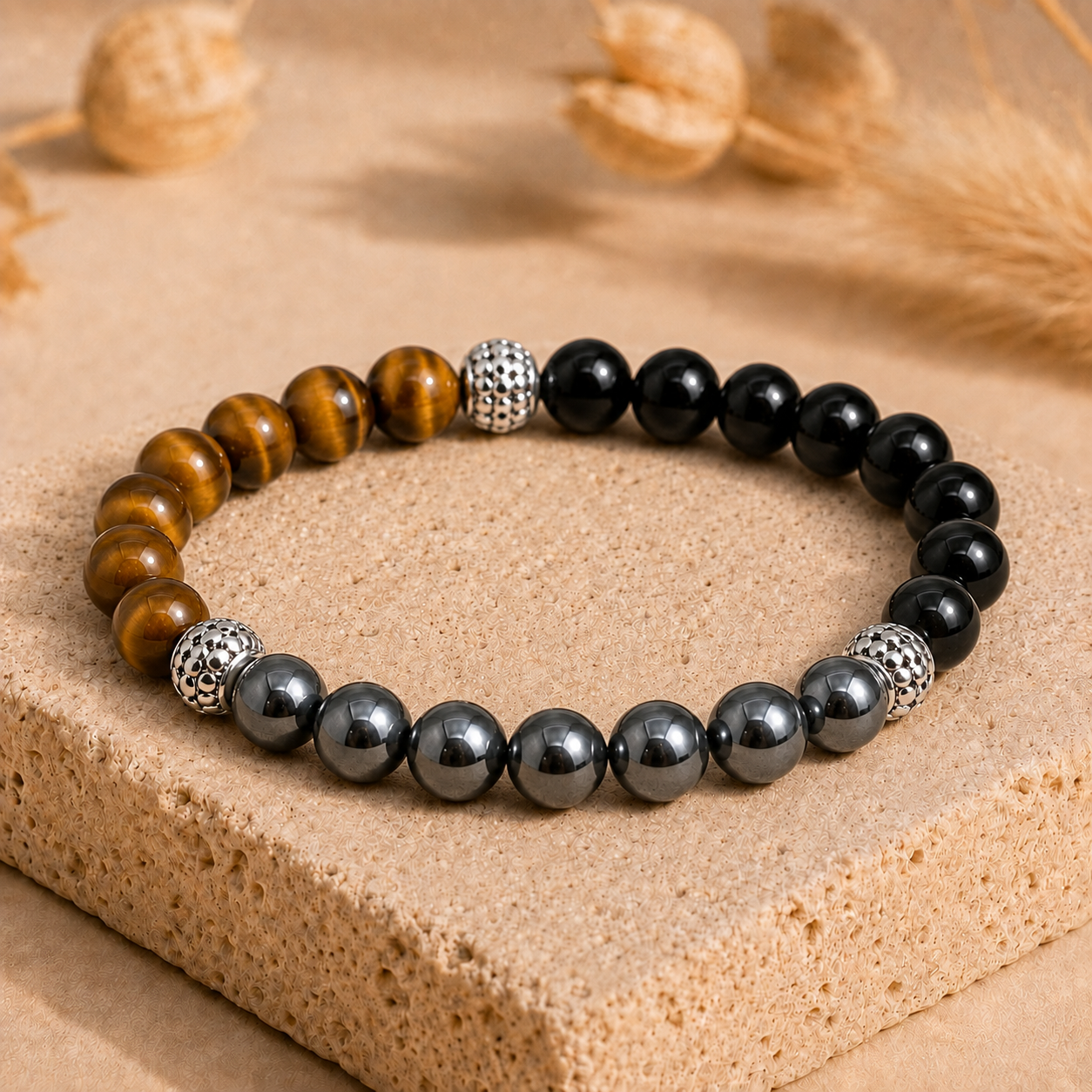 Bracelet "Triple" en Hematite, Oeil-de-Tigre et Obsidienne