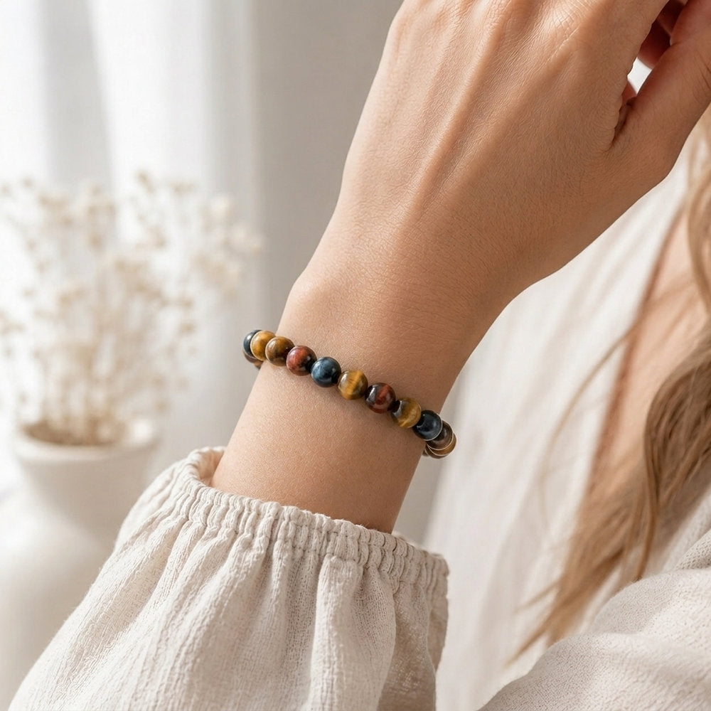 Bracelet "Oeil Triple" en Oeil-de-Tigre/Taureau/Céleste