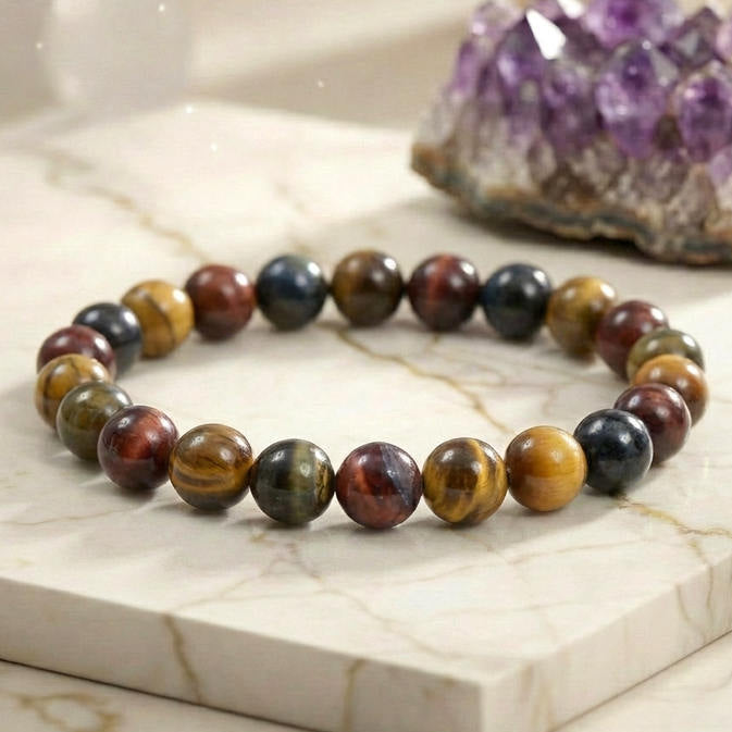 Bracelet "Oeil Triple" en Oeil-de-Tigre/Taureau/Céleste