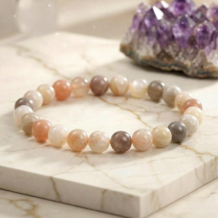 Bracelet Perles Agate Jaune Et Pierre De Lune 8 Mm - Fait Main France