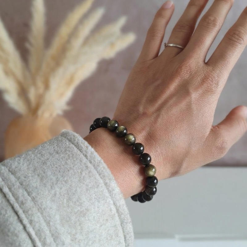 Bracelet "Bouclier" en Obsidienne Dorée