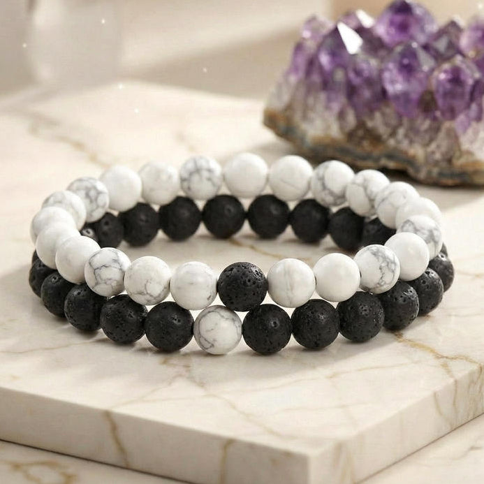 Bracelet "Duo Amour & Distance" en Howlite & Pierre de Lave