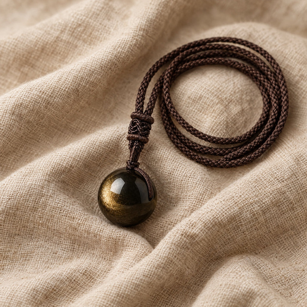 Sphère en Obsidienne Dorée et son cordon sur du lin - lespierresdubienetre
