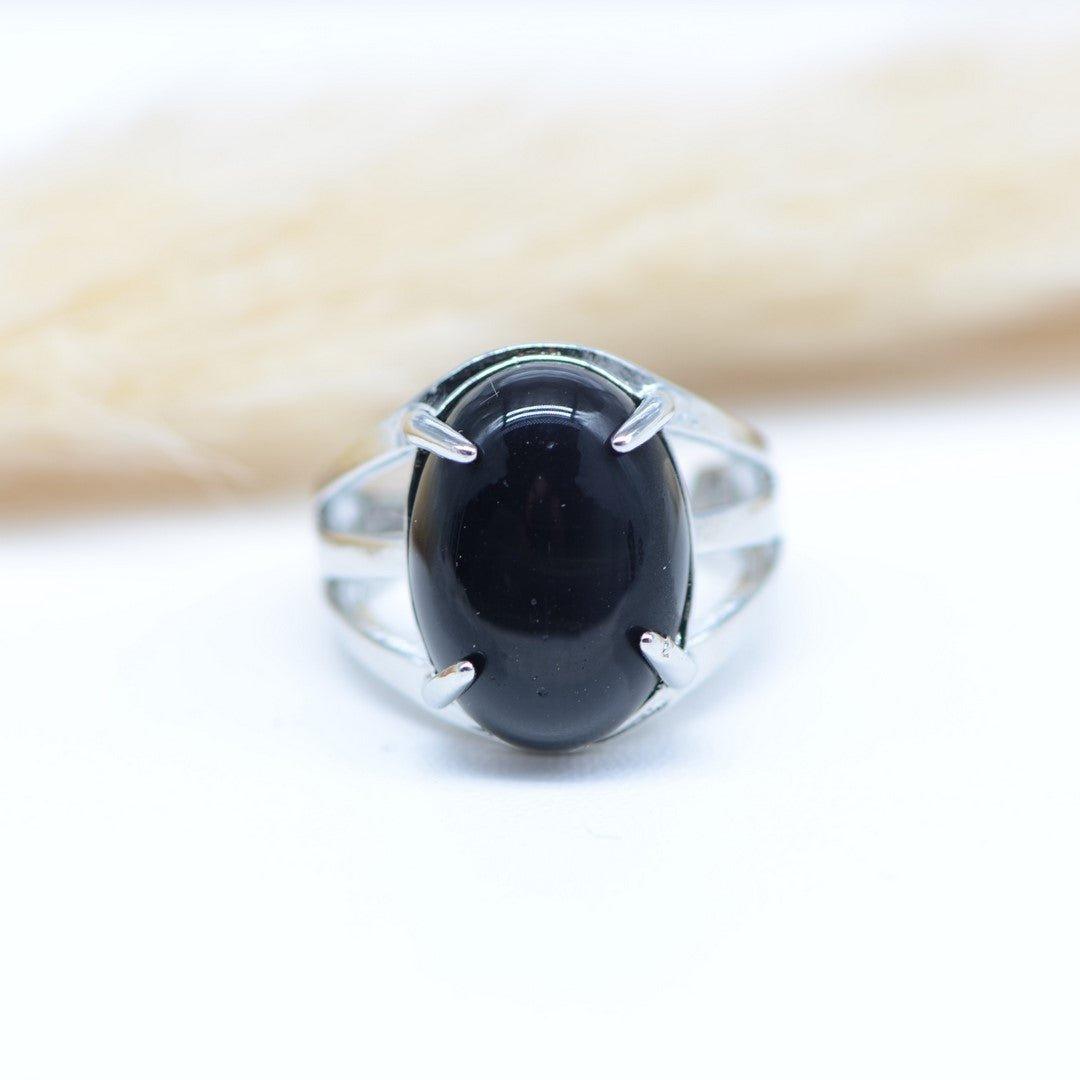 Bague "Bouclier" Cabochon Ovale en Obsidienne (réglable) - lespierresdubienetre