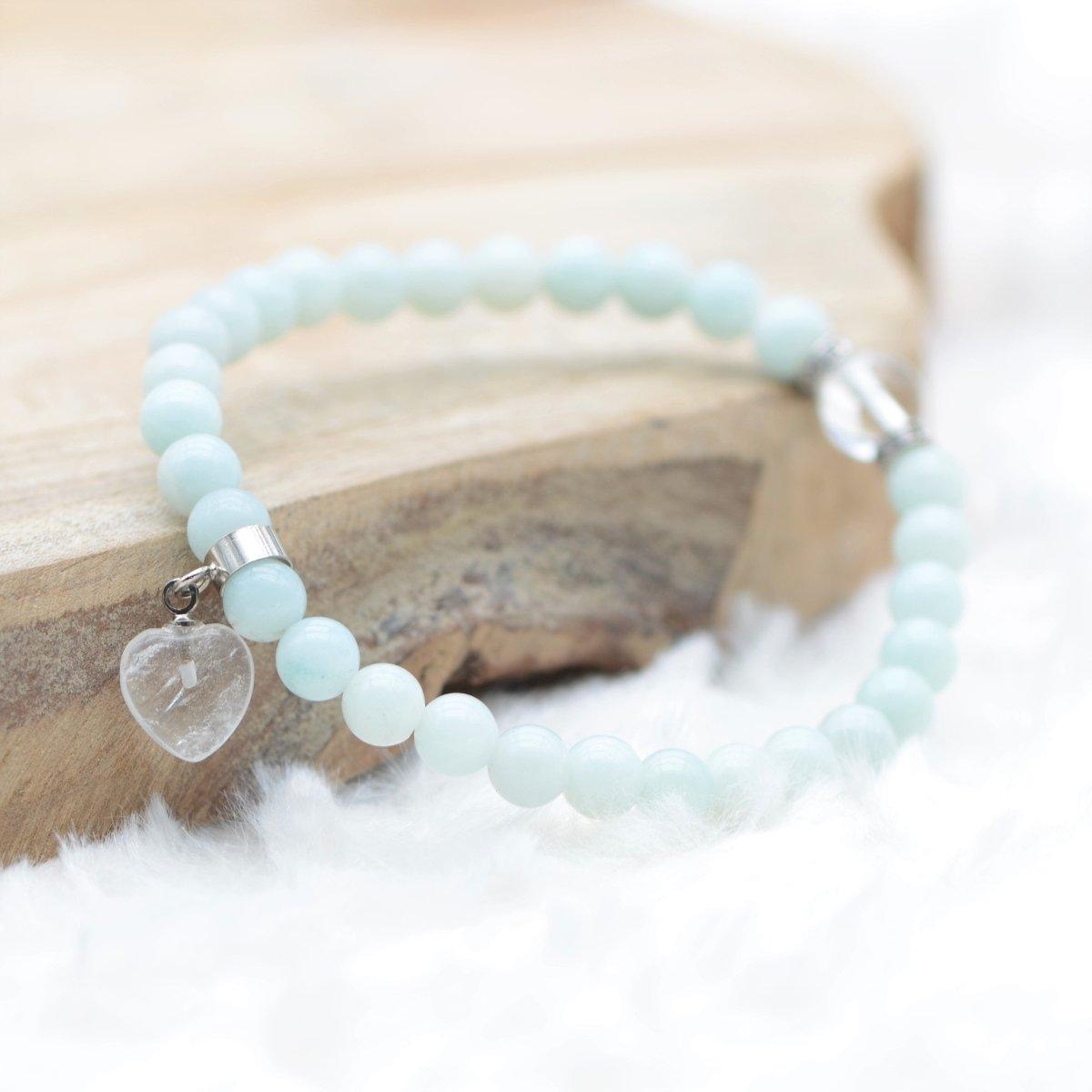 Bracelet "Apaisement" en Amazonite du Brésil (Coeur en Quartz) - lespierresdubienetre