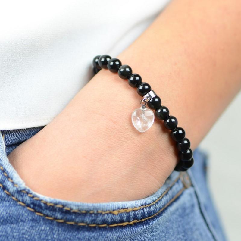 Bracelet "Force Mentale" en Agate Noire (Cœur en Quartz) - lespierresdubienetre