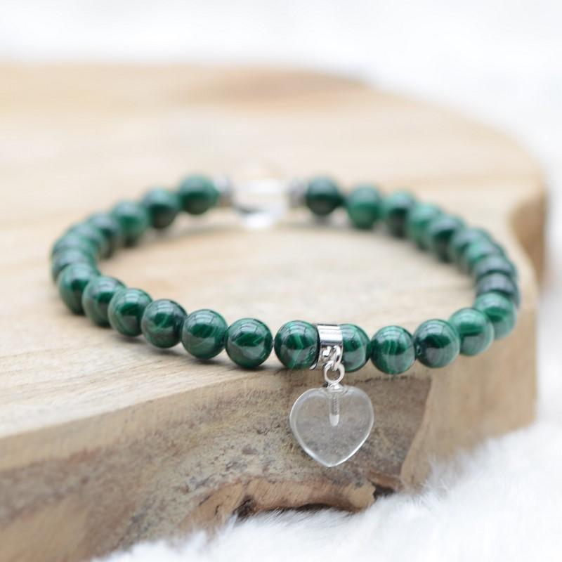 Bracelet "Paix" en Malachite (Coeur en Quartz) - lespierresdubienetre