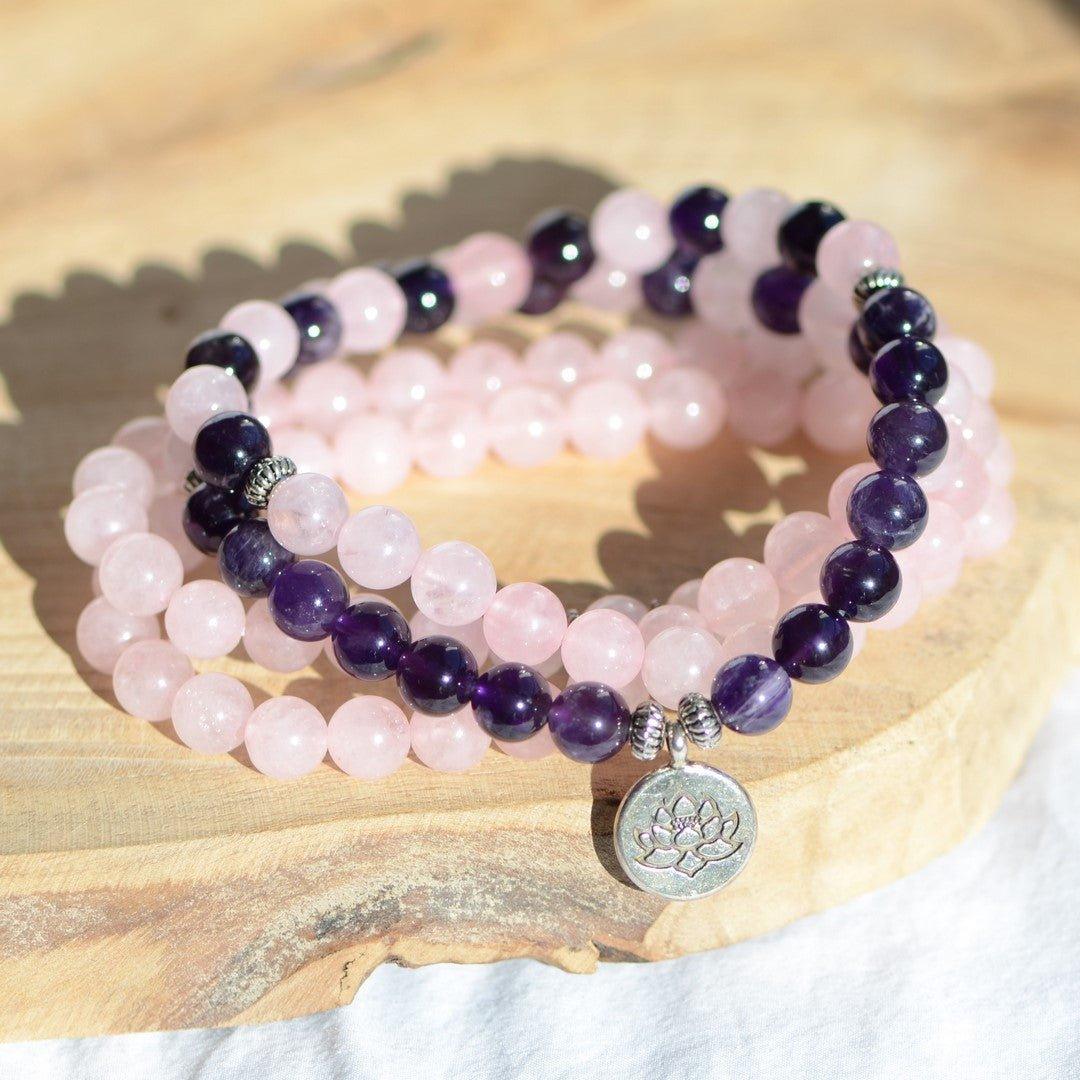 Mala "Amour et Sagesse" en Quartz Rose & Améthyste - lespierresdubienetre